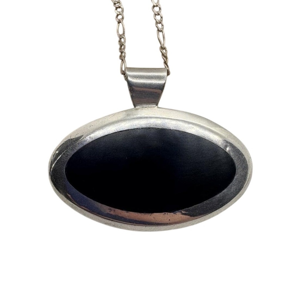 Vintage Onyx Inlay Modernist Sterling 925‎ Silver Pendant 17.5'' Necklace 17g